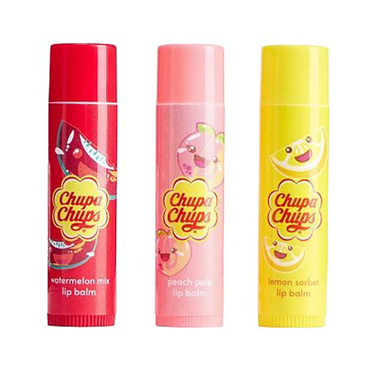 Chupa Chups Lip Balm Set 3 Pack Watermelon Mix, Peach Pulp & Lemon Sorbet 4g - Image 2